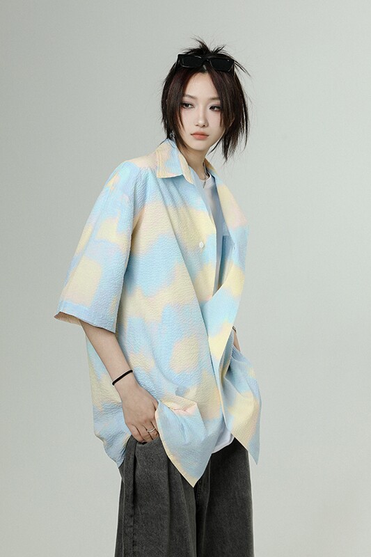 23冰丝泡泡纱云朵沙滩短袖衬衫旅游大码T恤DX08-P50,男装T恤,电商B288