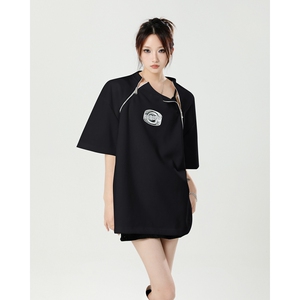 现货！25夏季拉链金属印花小众设计感辣妹垫肩短袖T恤DX25-P58图片