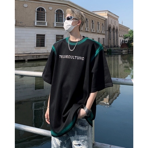 现货！25喷绘暗黑高街短袖小众设计感金属字母垫肩T恤男DX58-P58图片