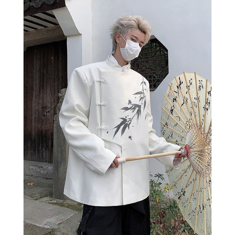 现货25秋冬新中式竹叶印花垫肩设计感西服上衣XZ37-P135，男装西服，电商B288