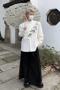 现货 25秋冬新中式竹叶印花垫肩设计感西服上衣XZ37-P135图片