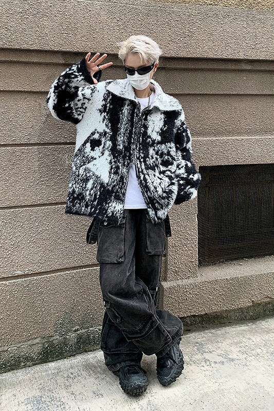 23秋冬男士黑白晕染仿貂毛拉链翻领毛衫开衫MY06-p128现货,男装卫衣,电商B288