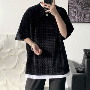 22夏款情侣港风宽松纹理丝绒光滑冰丝短袖网红T恤tx07-p30图片