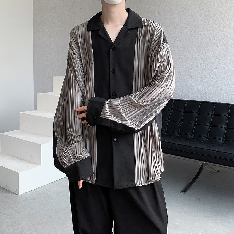 23春韩式ins轻熟风坑条肌理感拼接衬衫垂感宽松复古上衣CS04-P75,男装衬衫,电商B288