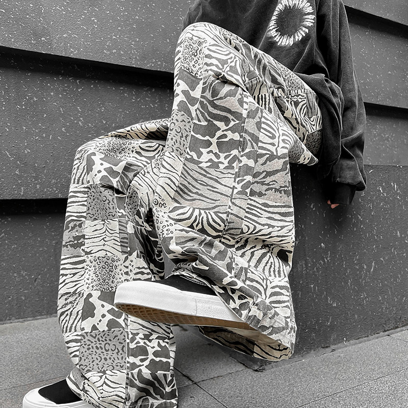 22夏款薄款顺滑韩港风复古宽松廓形裤子虎纹直筒休闲裤ck99-p55，男装休闲裤，电商B288