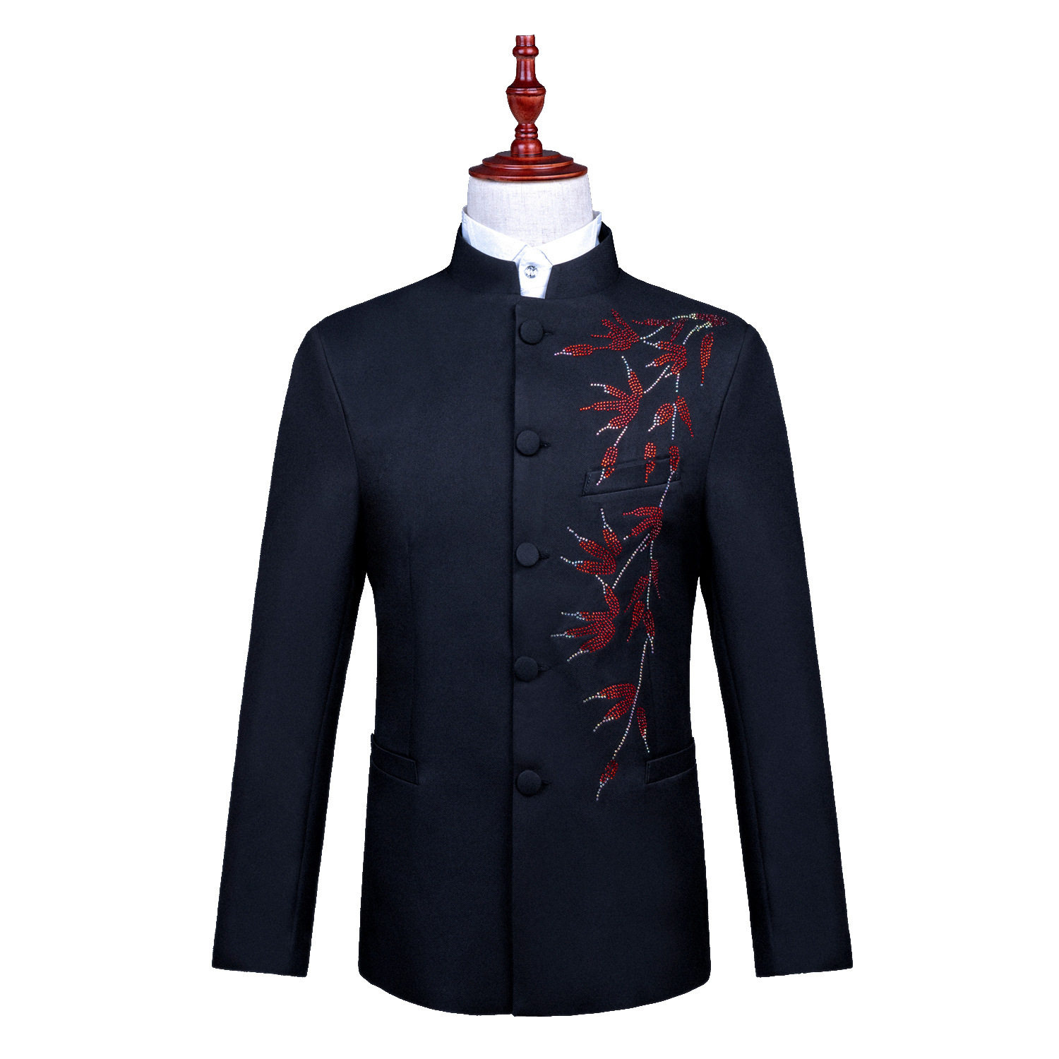 新中式立领中山装男中国风礼服烫枫叶钻大合唱演出服舞台装主持服