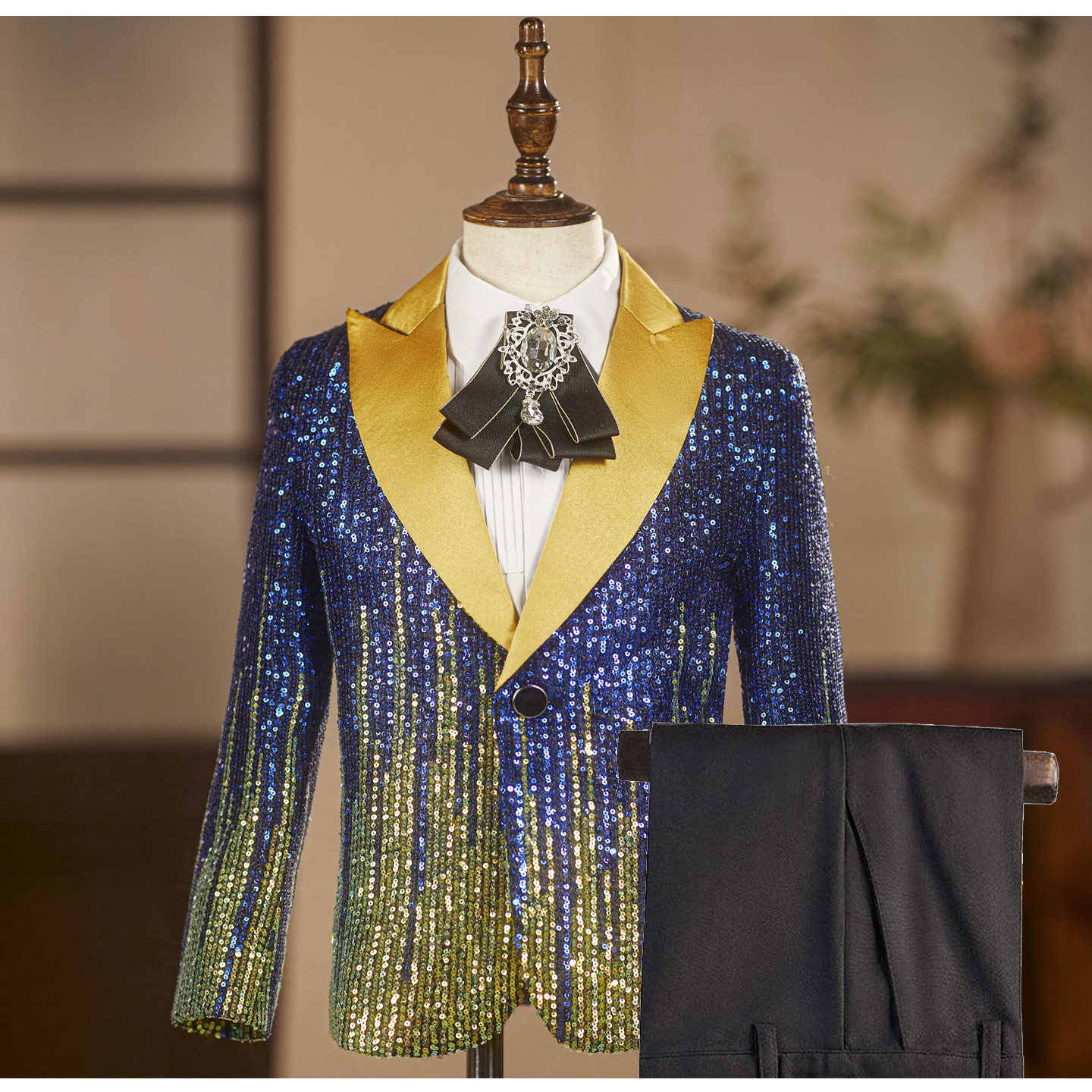 男童七彩流星亮片西服套装花童礼服钢琴演出彩色儿童走秀模特西装