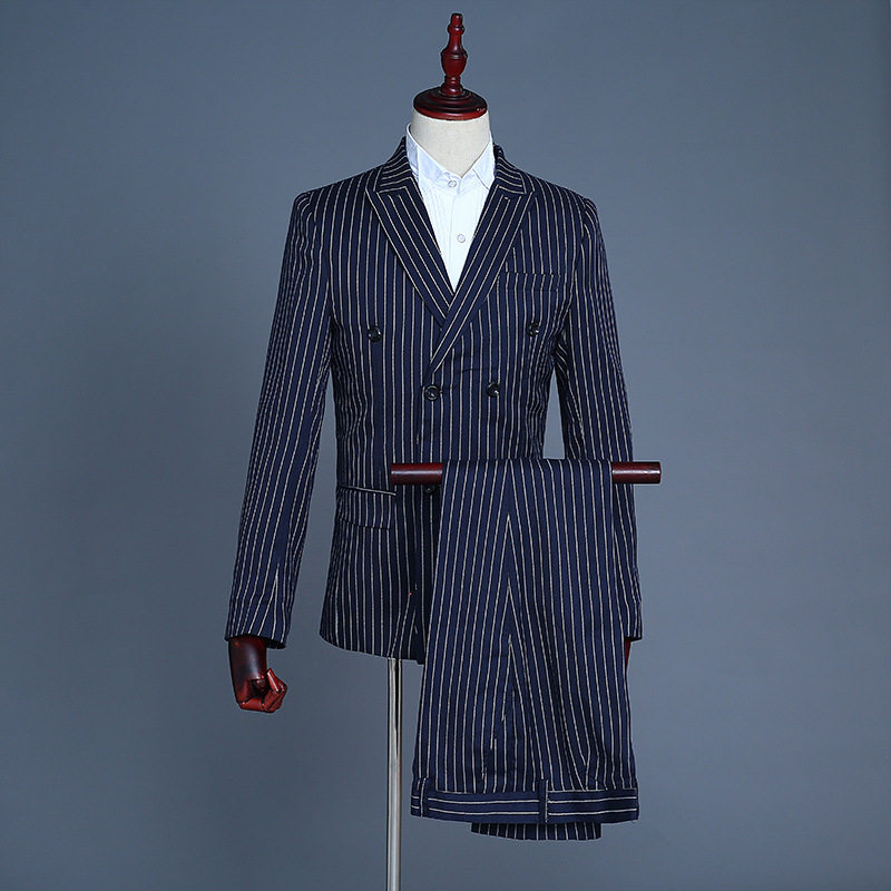 男士西装礼服舞台演出影楼主题西服表演主持藏青色白条马甲三件套