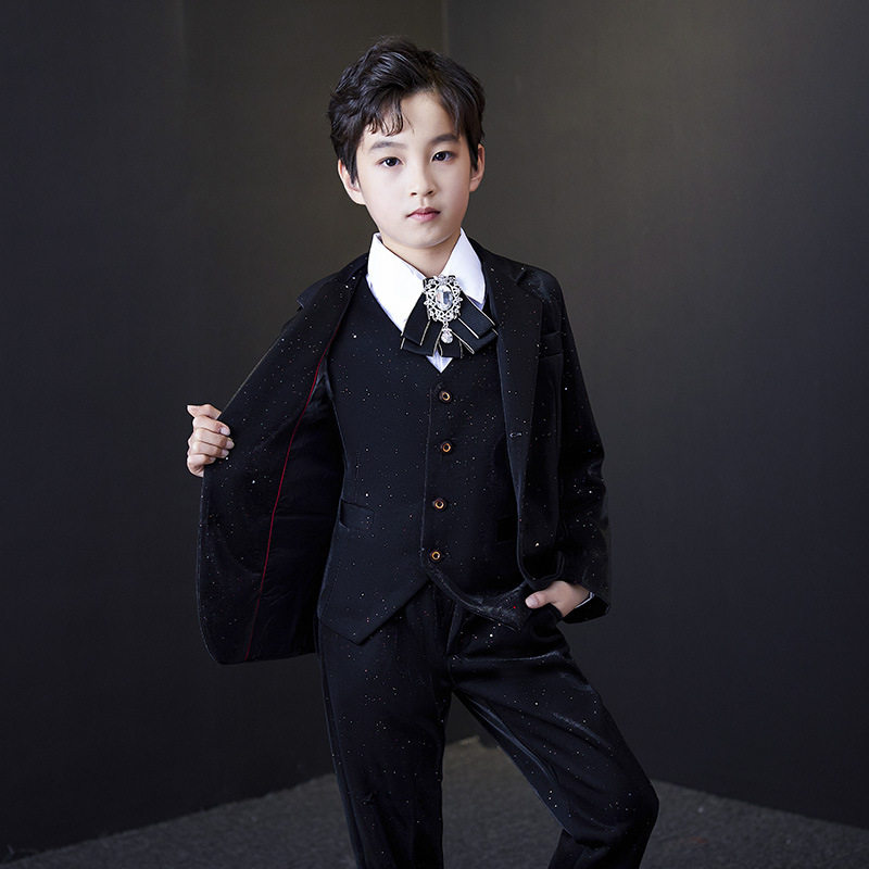男孩六一儿童表演黑亮彩满天星礼服男童主持钢琴英伦演出西服马甲