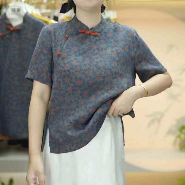 【晚黛短袖】文艺港式复古桑蚕丝香云纱新中式斜襟花萝短袖衬衫女