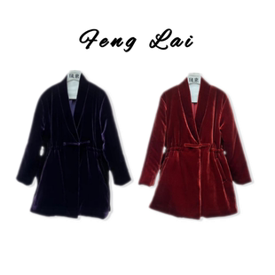 新年款青果领抽腰桑蚕丝丝绒棉服 加厚款中长款气质国风外套女