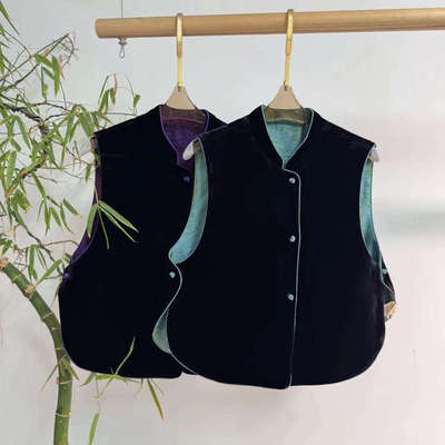 秋季真丝丝绒两面穿马甲 立领新中式盘扣国风时尚马夹女