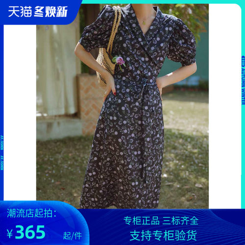 PG DVF2023法式复古V领裹身裙一片式黑色碎花连衣裙桔梗裙收腰茶