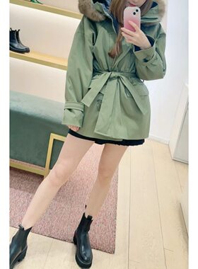 法式小众2023秋冬新款连帽毛领时尚系带收腰派克服纯色休闲棉服外