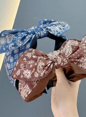 B204蓝色青花瓷纹理感发箍中国风中间打结蝴蝶结头饰宽边高颅顶头