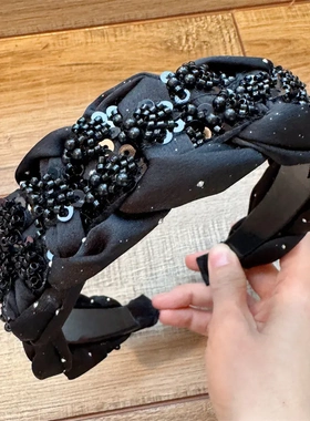 B297轻奢黑色编织高颅顶发箍女高级感宽边镶钻头箍百搭外出头饰拼
