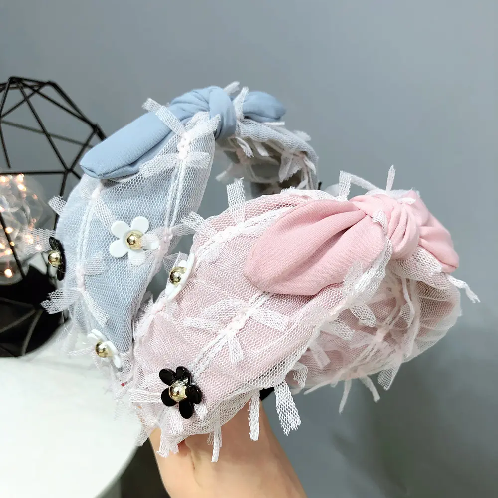 B056蕾丝网纱小花朵兔耳朵宽发箍甜美淑女发饰超仙小清新压发头扣