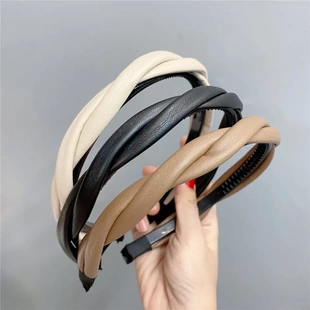 B247-1新款洋气PU材质扭绕发箍波浪形细版头箍简约复古仿皮质发饰