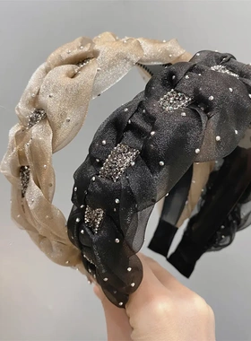 B291黑色烫钻欧根纱满天星发箍水钻麻花辫子编织头扣带齿防滑发饰