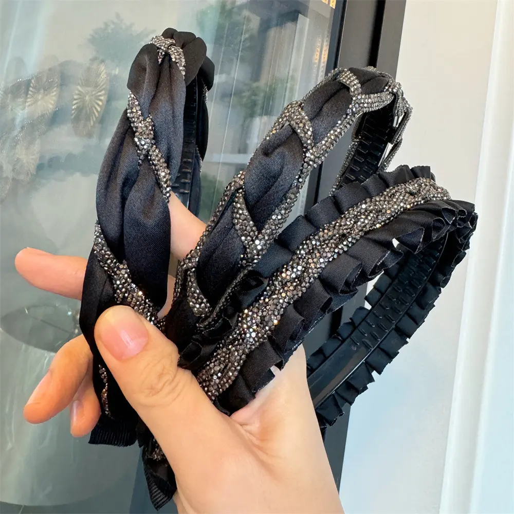 B121-1水钻麻花发箍黑色赫本风细头箍高级感韩版发饰带齿防滑压发