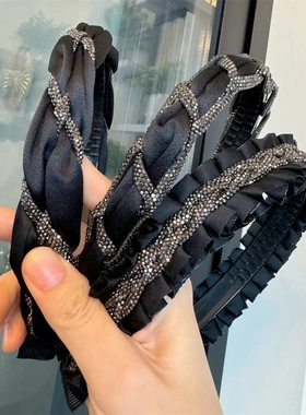 B121-1水钻麻花发箍黑色赫本风细头箍高级感韩版发饰带齿防滑压发