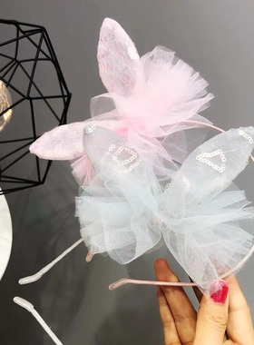 B074-3网纱蝴蝶结公主蕾丝花边兔子耳朵发箍甜美宝宝头饰儿童发饰