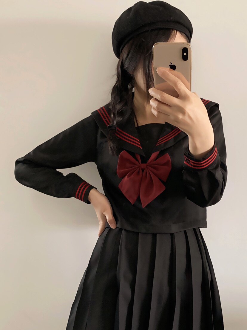 jk制服正统基础款赤三本中间服黑色不良少女水手服日系学生长短袖