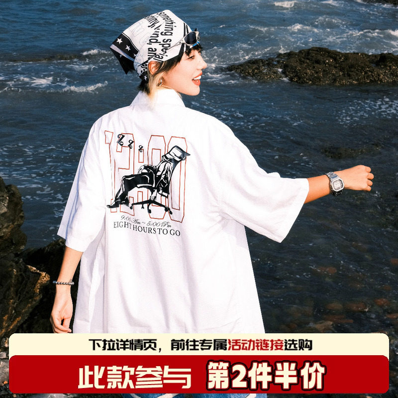 THEWIZBRAND 朱志鑫同款春夏复古情侣印花短袖休闲短袖衬衫男女款