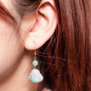 自创品牌14K包金玉耳环翡翠A货飘花大肚笑佛耳坠小精致秀气女耳饰