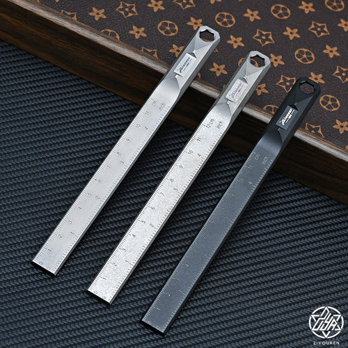 多功能钛合金直尺户外全金属工具