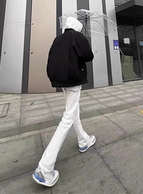 白色微喇牛仔裤男款夏季薄款美式高街高腰提档裤子修身窄版直筒裤