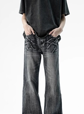 美式高街闪电纹水洗黑色牛仔裤男痞帅潮牌直筒微喇裤cleanfit长裤