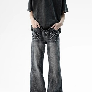 美式高街闪电纹水洗黑色牛仔裤男痞帅潮牌直筒微喇裤cleanfit长裤