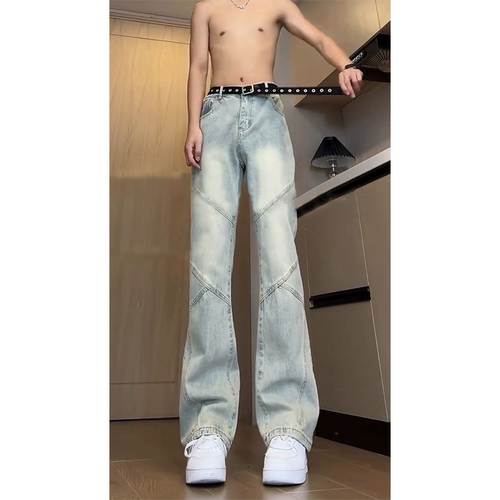 小众拼接牛仔裤男款夏季美式高街直筒显瘦裤子提档弯刀微喇裤
