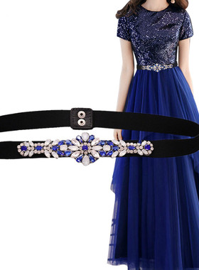 时尚蓝色水钻松紧腰带闪亮弹力黑色腰封收腰百搭配连衣裙显瘦束腰