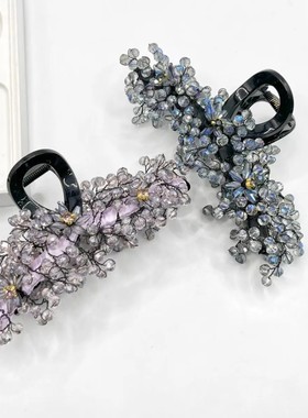 新款发饰重工水晶抓夹女奢华满天星紫蓝色大号发夹后脑勺夹纯手工
