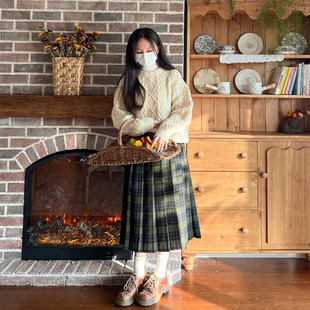 【野驴】自制苔藓绿格日系复古圣秋冬羊毛格子毛呢百褶裙半身裙