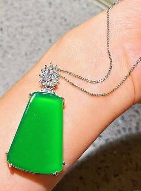 冰透起光高品质帝王绿绿玉髓玛瑙无事牌大吊坠送链子绿色项链复古