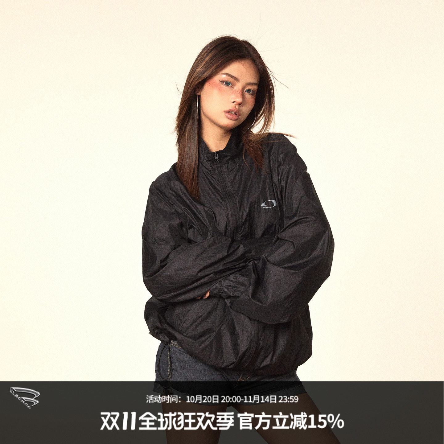 亮面褶皱印花防晒服立领夹克外套