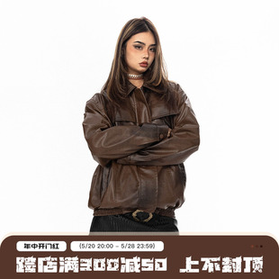 BLACKBB pu皮夹克上衣 复古做旧刺绣皮革外套男女2024早春新款 美式