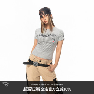 显瘦竖条纹短款 正肩印花短袖 T恤女修身 半袖 美式 BLACKBB 辣妹短款
