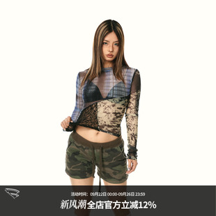 长袖 复古y2k印花罩衫 打底格纹拼接网纱T恤 修身 BLACKBB无序拼接