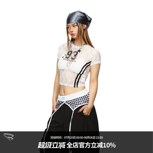 体恤 BLACKBB 撞色杠条蕾丝印花圆领短袖 T恤女美式 辣妹镂空修身