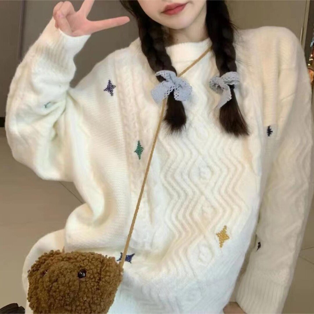 日系复古可爱软糯麻花毛衣女秋冬慵懒风宽松套头外穿加厚针织上衣
