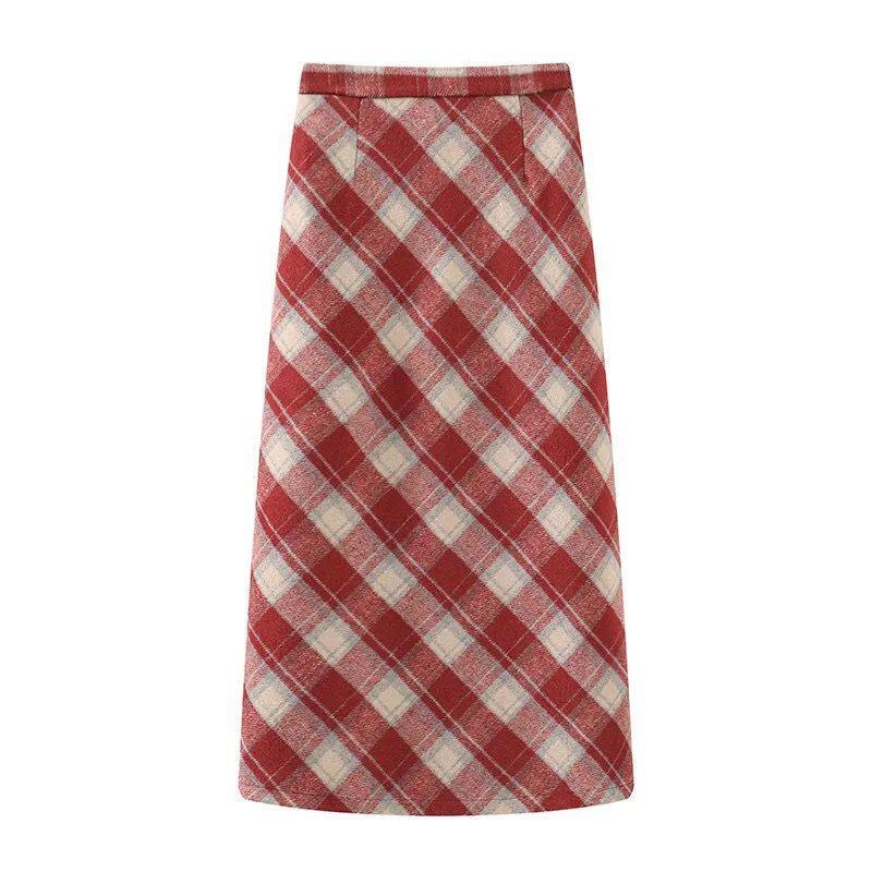 La Vague 复古毛呢斜格纹长半身裙