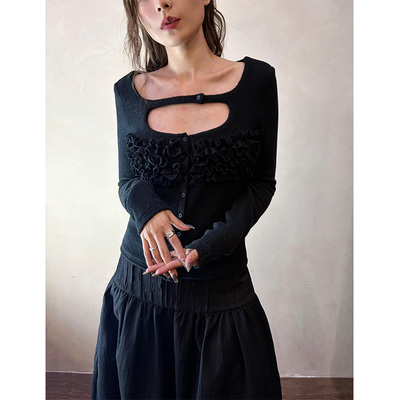 無丛 NO SERVICE 小众设计花边针织长袖开衫结构镂空黑色上衣