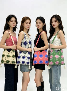 新疆礼物艾德莱斯花纹针织包大容量购物袋单肩斜挎女生时尚个性包