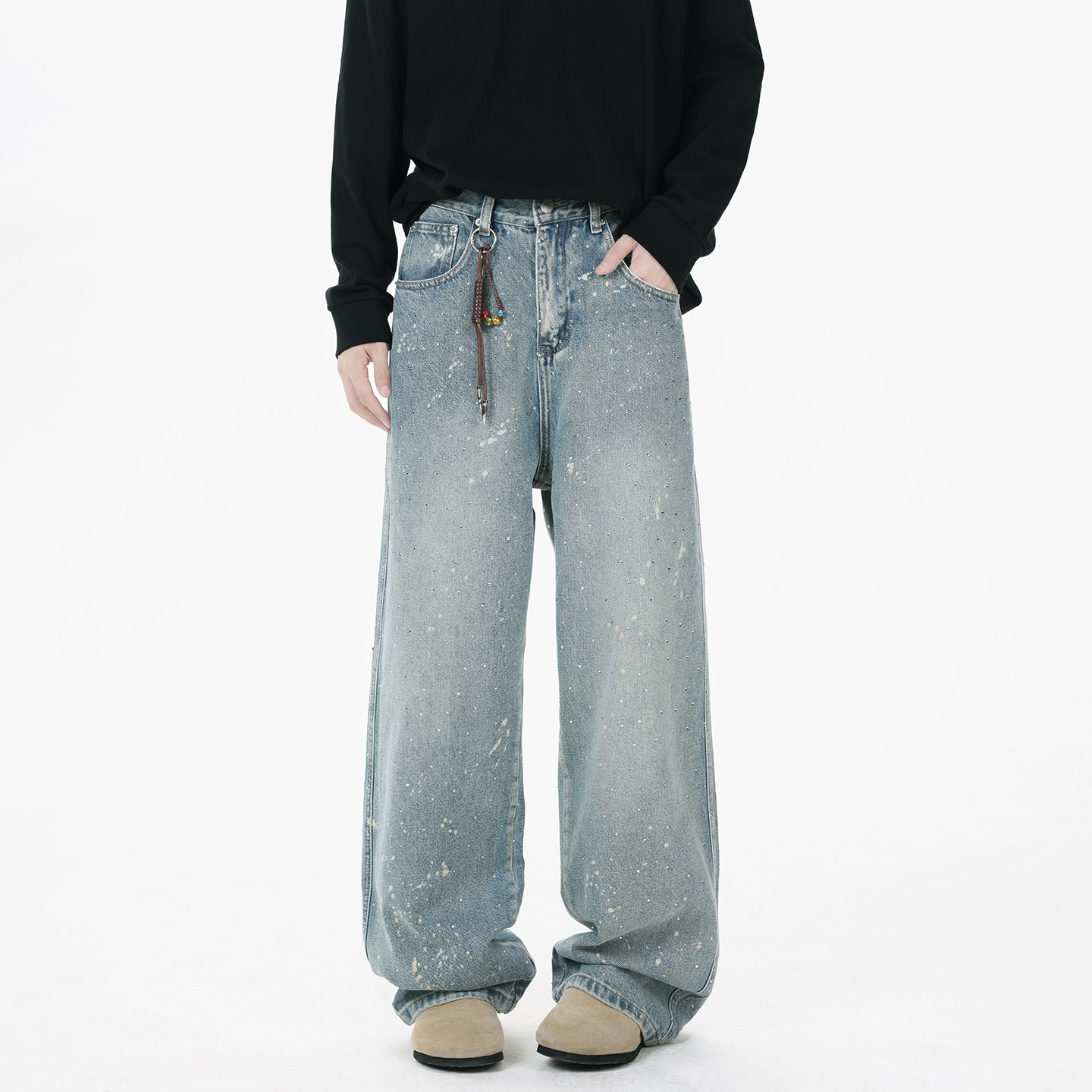 美式泼墨设计闪钻阔腿牛仔裤男女宽松直筒复古水洗烫钻休闲长裤子