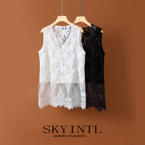 SKYINTL蕾丝叠穿打底V领上衣女