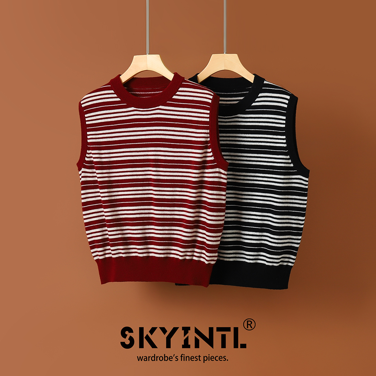 条纹短款圆领无袖毛针织背心女